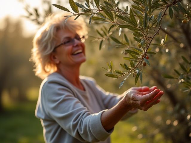 Donna che raccoglie olive da un albero secolare nel Lazio