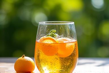 Bicchiere d'acqua infusa con frutta fresca e erbe aromatiche su tavolino da giardino