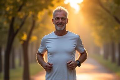 Uomo di mezza età che fa jogging in un parco urbano all'alba con motivazione