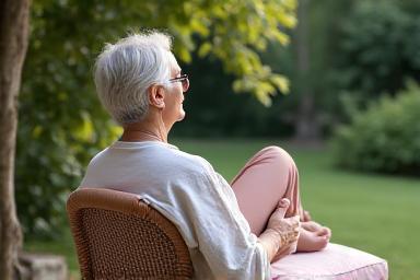 Donna di mezza età serena che medita in un giardino lussureggiante