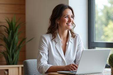 Donna sorridente che lavora al computer in un ambiente domestico luminoso e ben organizzato