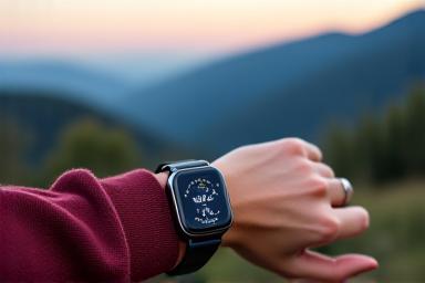 Mano di donna che mostra uno smartwatch che traccia il battito cardiaco, sullo sfondo un sentiero di montagna