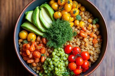 Un piatto colorato e abbondante di verdure fresche e cibi a base vegetale