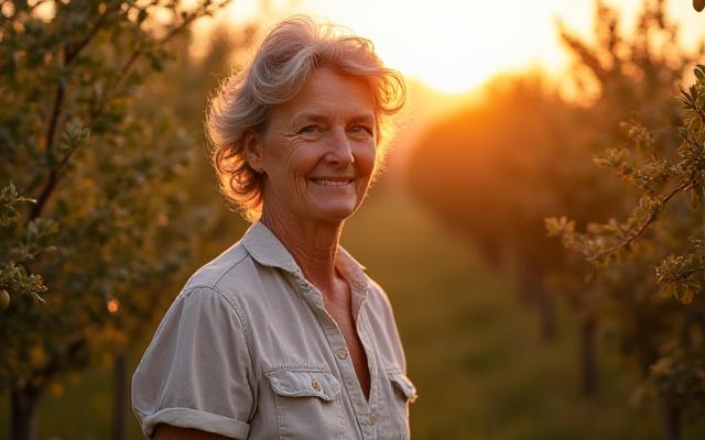 Donna anziana e serena che raccoglie olive in un uliveto soleggiato, simbolo della dieta mediterranea