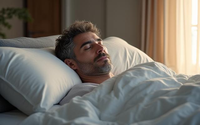 Uomo di mezza età che dorme serenamente in un letto confortevole, con luce soffusa mattutina