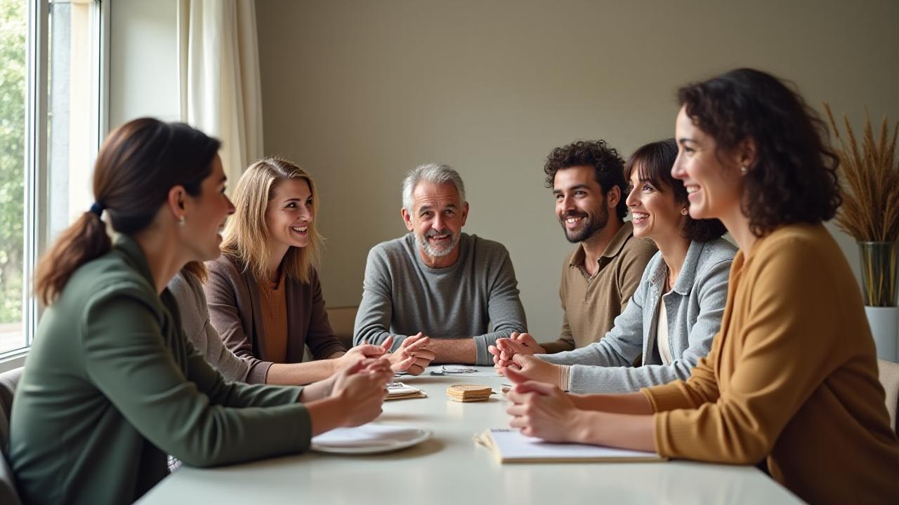 Un gruppo di persone adulte sorridenti che discutono animatamente, suggerendo convivialità e un ambiente accogliente per il forum wellness.