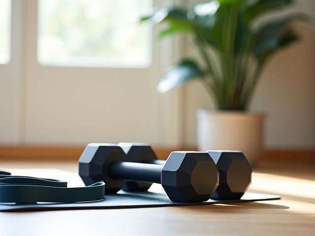 Manubri di design minimalistici e una fascia elastica per l'allenamento su un pavimento in legno chiaro, accanto a una pianta verde per un tocco di natura.