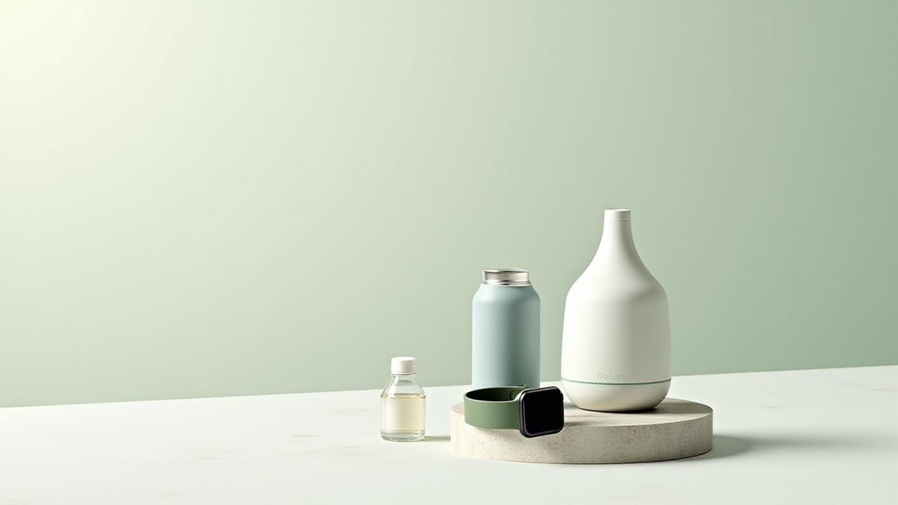 Una selezione elegante di prodotti wellness tra cui uno smartwatch moderno, un diffusore di aromi con design pulito, e una borraccia smart sostenibile, disposti su una superficie chiara e minimalista.