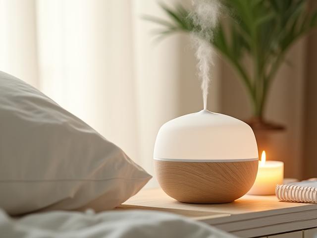 Un diffusore di oli essenziali dal design raffinato emette una leggera nebbia, posizionato su un comodino in legno chiaro con una candela accesa e un piccolo libro di meditazione.