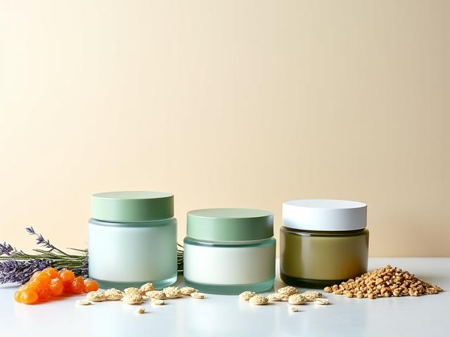 Barattoli eleganti e minimalisti di integratori alimentari posizionati su uno sfondo neutro, con ingredienti naturali come bacche e foglie accanto.
