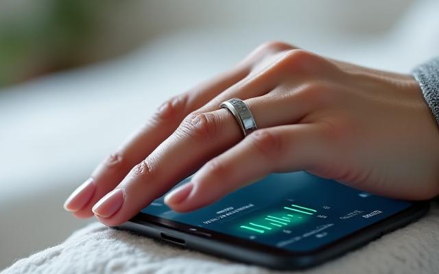 L'anello smart Oura Ring 3 indossato al dito di una persona, con una grafica sullo sfondo che mostra i dati di monitoraggio del sonno e dell'attività.