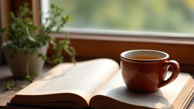 Una tazza di tè caldo e un libro aperto su un davanzale, con la luce soffusa del mattino che filtra attraverso una finestra. Ritratto di semplicità e calma.
