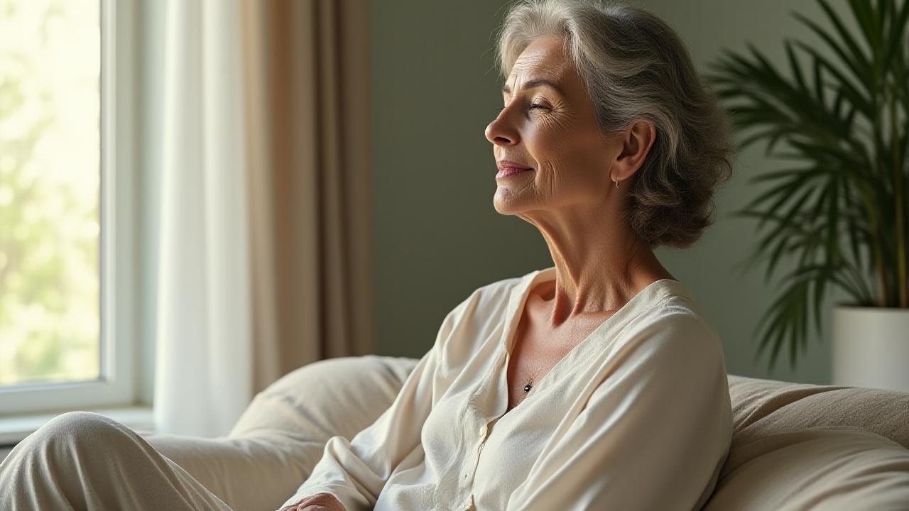 Donna di 40-50 anni che medita serenamente in un ambiente luminoso e calmo, con colori tenui e naturali, trasmettendo pace interiore.