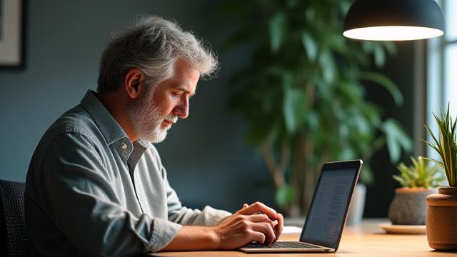 Un uomo o una donna di età 40-55 anni che lavora tranquillamente al computer in un ambiente minimalista, con un focus sul viso sereno e concentrato.