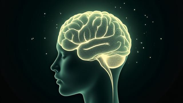 Un cervello stilizzato con onde di calma e connessioni luminose, su uno sfondo scientifico astratto.